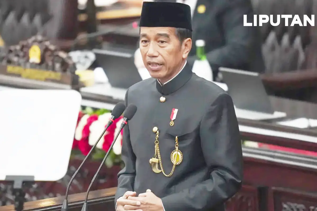 Banner Infografis Poin Penting Pidato Kenegaraan Terakhir Jokowi di Sidang Tahunan MPR 2024. (AP Photo/Tatan Syuflana, Pool)