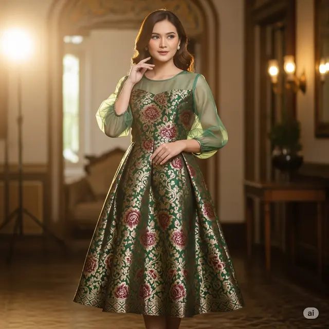 Dress Brokat Premium A-Line Lengan Balon Klasik