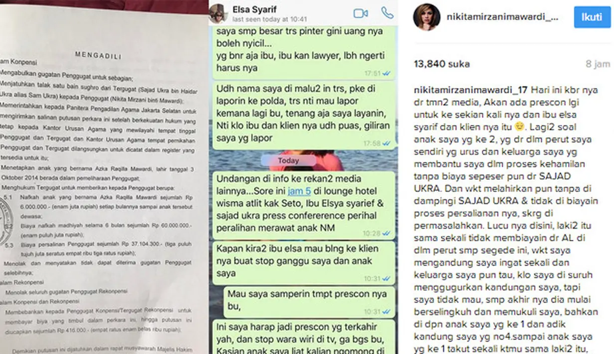 "Lagi2 soal anak saya yg ke 2, yg dr dlm perut saya sendiri yg urus dan keluarga saya yg membantu saya dlm proses kehamilan tanpa biaya sepeser pun dr SAJAD UKRA," tulisnya. (Instagram/nikitamirzanimawardi_17)
