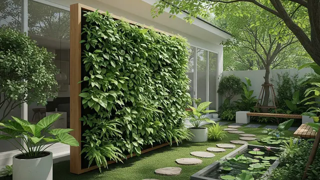Kebun Rumah Bernuansa Hutan Mini dengan Kayu dan Tanaman Rindang