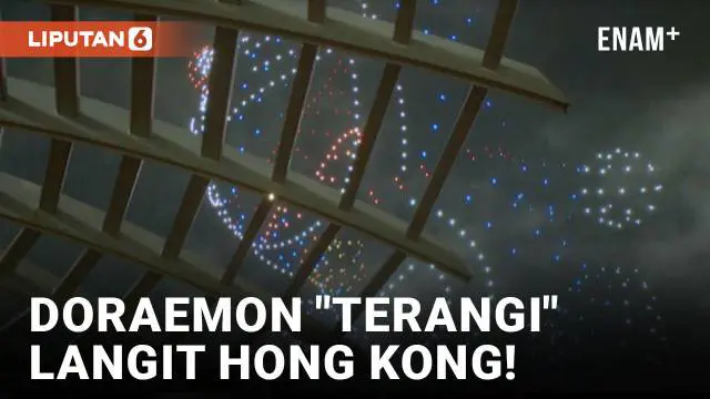 Hong Kong mengadakan pertunjukan drone malam pada Sabtu malam menampilkan karakter kartun Jepang Doraemon, kucing biru tanpa telinga.