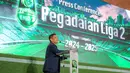 Direktur utama, PT LIB Ferry Paulus memberikan sambutan saat konferensi pers Pegadaian Liga 2 2024/2025 yang berlangsung di The Gade Tower, Senen, Jakarta, Selasa (03/09/2024). (Bola.com/Bagaskara Lazuardi)