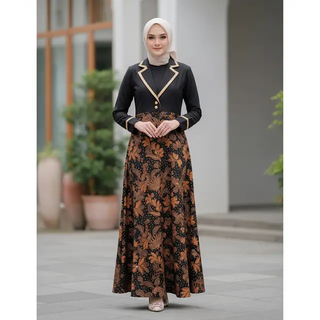 Model Gamis Batik Blazer Kombinasi Warna Kontras