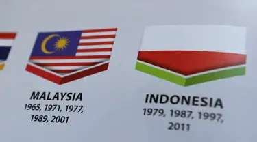 Bendera Indonesia tercetak terbalik pada buku panduan yang dibagikan dalam pembukaan SEA Games 2017 di Stadion Bukit Jalil, Kuala Lumpur, Malaysia, Sabtu (19/8). Bendera merah putih Indonesia tercetak terbalik, yakni menjadi putih merah. (AP Photo/Yau)