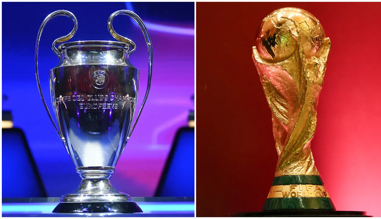 Trofi Liga Champions dan Piala Dunia merupakan dua gelar bergengsi di pentas sepak bola dunia. Kedua trofi tersebut merupakan kebanggaan bagi pesepak bola profesional yang bermain di klub liga top eropa dan juga tim nasional. (Kolase AFP)