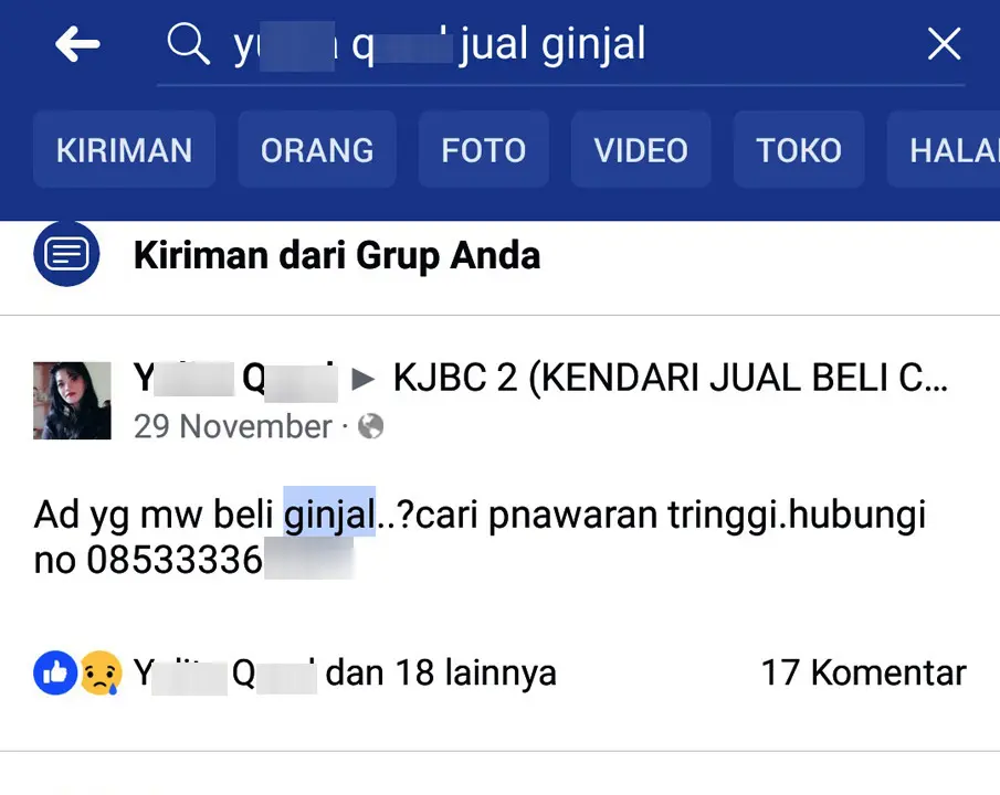 Unggahan YQ yang berniat menjual ginjal miliknya pada salah satu forum jual beli berbasis aplikasi media sosial di Kota Kendari, Sulawesi Tenggara. (Liputan6.com/Ahmad Akbar Fua)