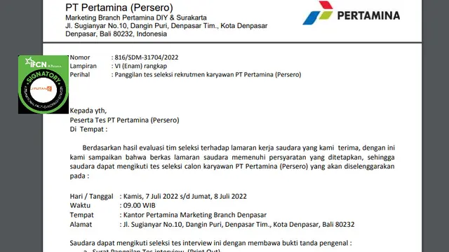 Tangkapan layar surat pemanggilan seleksi pegawai Pertamina