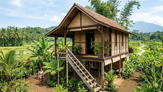 Desain Rumah Kampung dengan Dinding Anyaman Bambu yang Tetap Estetik