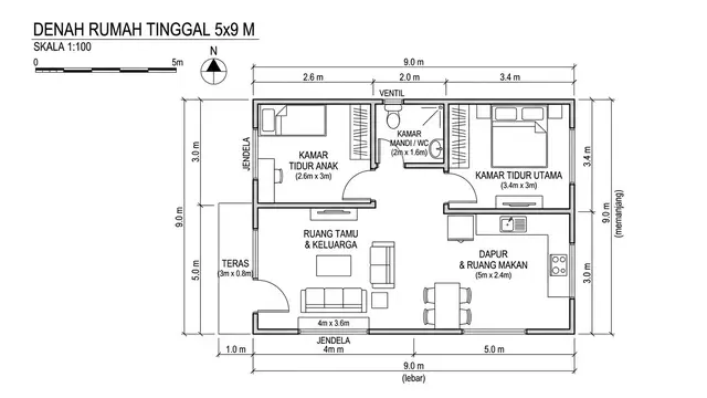 Desain Rumah 5x9 Meter untuk Pasangan Muda. Gemini