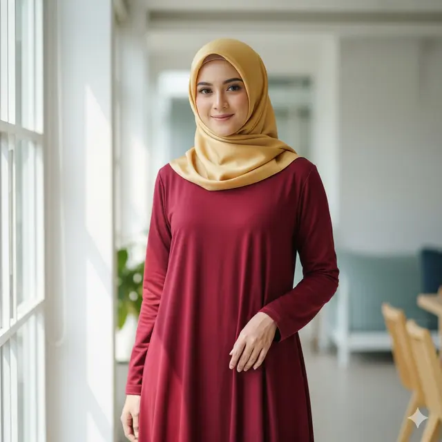 Dress Marun dengan Hijab Gold
