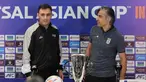 Pelatih Timnas Futsal Indonesia, Hector Souto (kiri) dan dan Pelatih Timnas Futsal Iran, Vahid Shamsaei, sesaat sebelum memberi keterangan terkait laga final Piala Asia 2026 di Indonesia Arena, Kompleks Gelora Bung Karno, Senayan, Jakarta, Jumat (6/2/2026). Secara mengejutkan, Timnas Futsal Indonesia berhasil melangkah ke final Piala Asia Futsal 2026. (Bola.com/M Iqbal Ichsan)