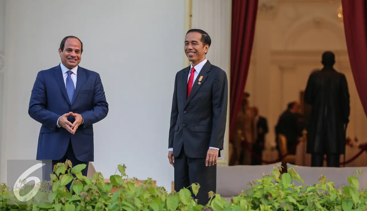 Presiden Joko Widodo berbincang dengan Presiden Republik Arab Mesir Abdel Fattah Al Sisi dihalaman belakang Istana Merdeka, Jakarta, Jumat (4/9/2015). Kunjungan tersebut terkait kerjasama birateral Indonesia dengan Mesir. (Liputan6.com/Faizal Fanani)