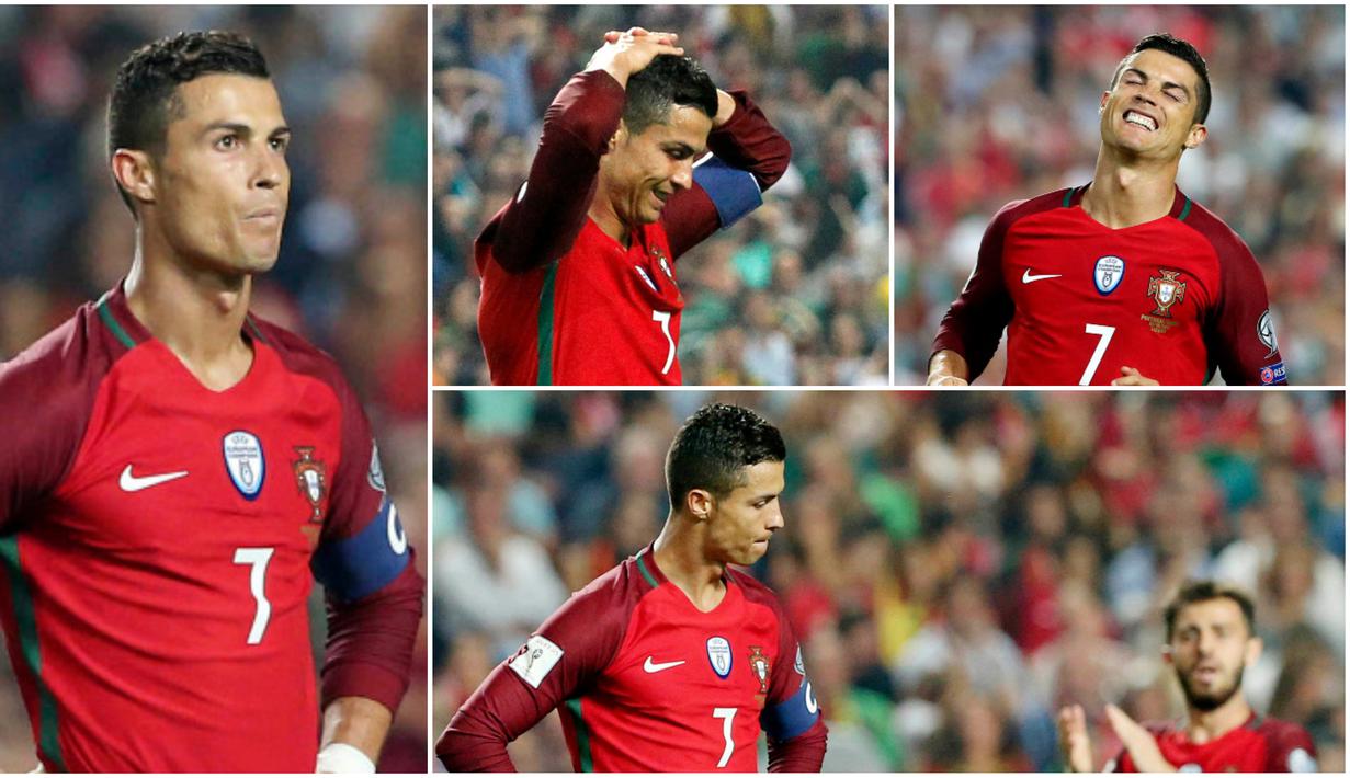 Berikut ini ragam ekspresi kekecewaan Striker Portugal, Cristiano Ronaldo, setelah gagal menciptakan gol ke gawang Swiss pada laga kualifikasi Piala Dunia 2018. (Foto-foto Kolase AP)