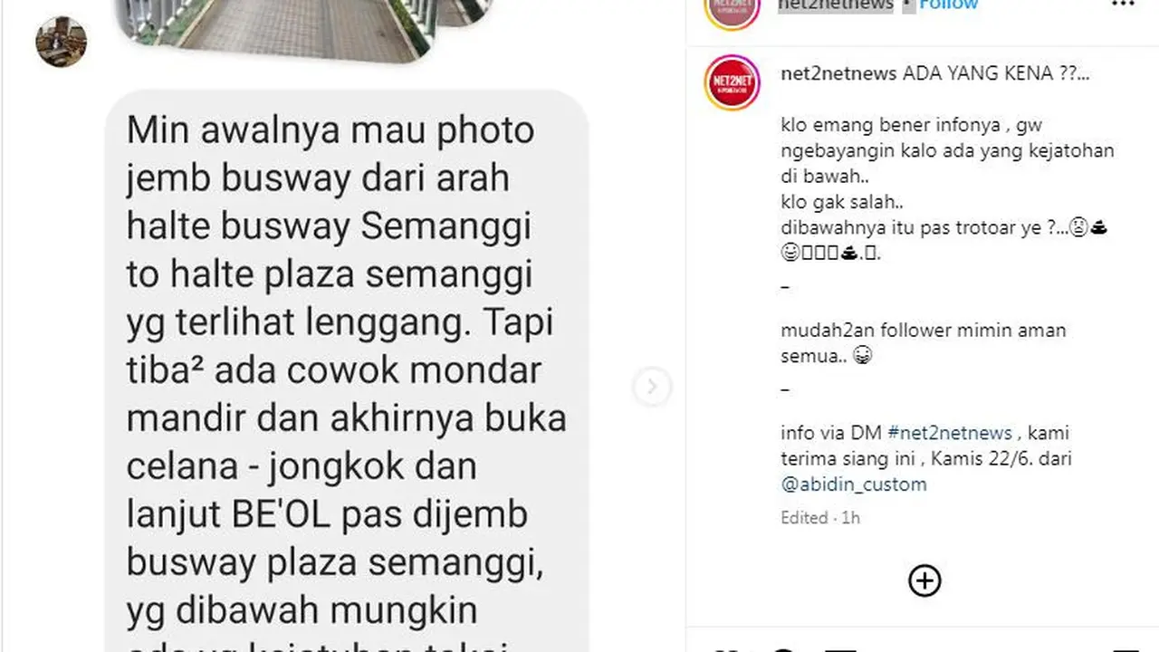 Sebuah foto yang menunjukkan seorang pria sedang buang air besar (BAB) di JPO Semanggi viral di media sosial.