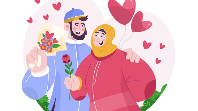 Ilustrasi pasangan cinta, bahagia, muslim