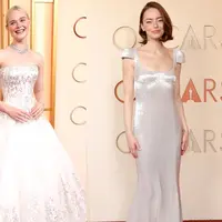 Alih-alih gaun dramatis dengan warna bold, sejumlah selebritas justru memilih palet lembut yang elegan di Oscar 2026. [@justjared].