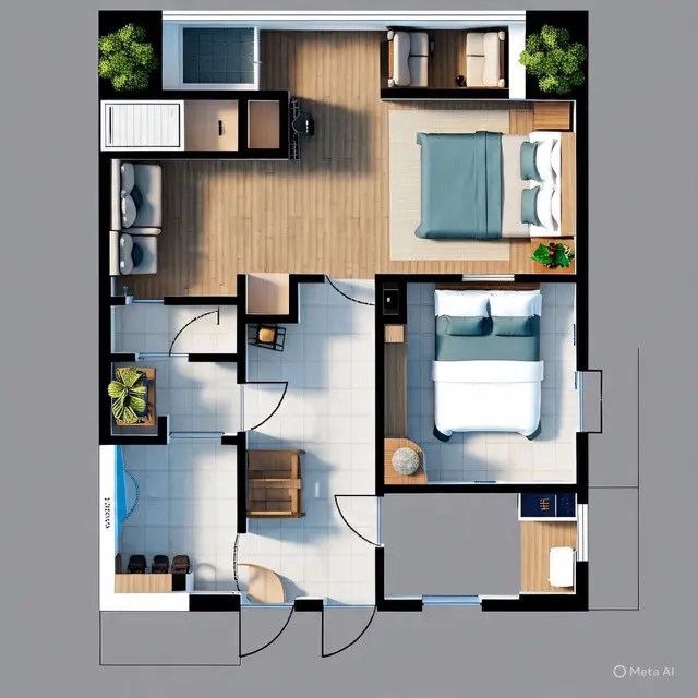Gambar Desain Rumah Tipe 45 dengan 2 Kamar Tidur (Sumber: Meta AI)