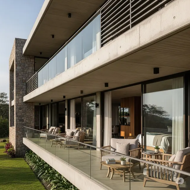 Rumah Beton Tropis Modern + Balkon Panjang