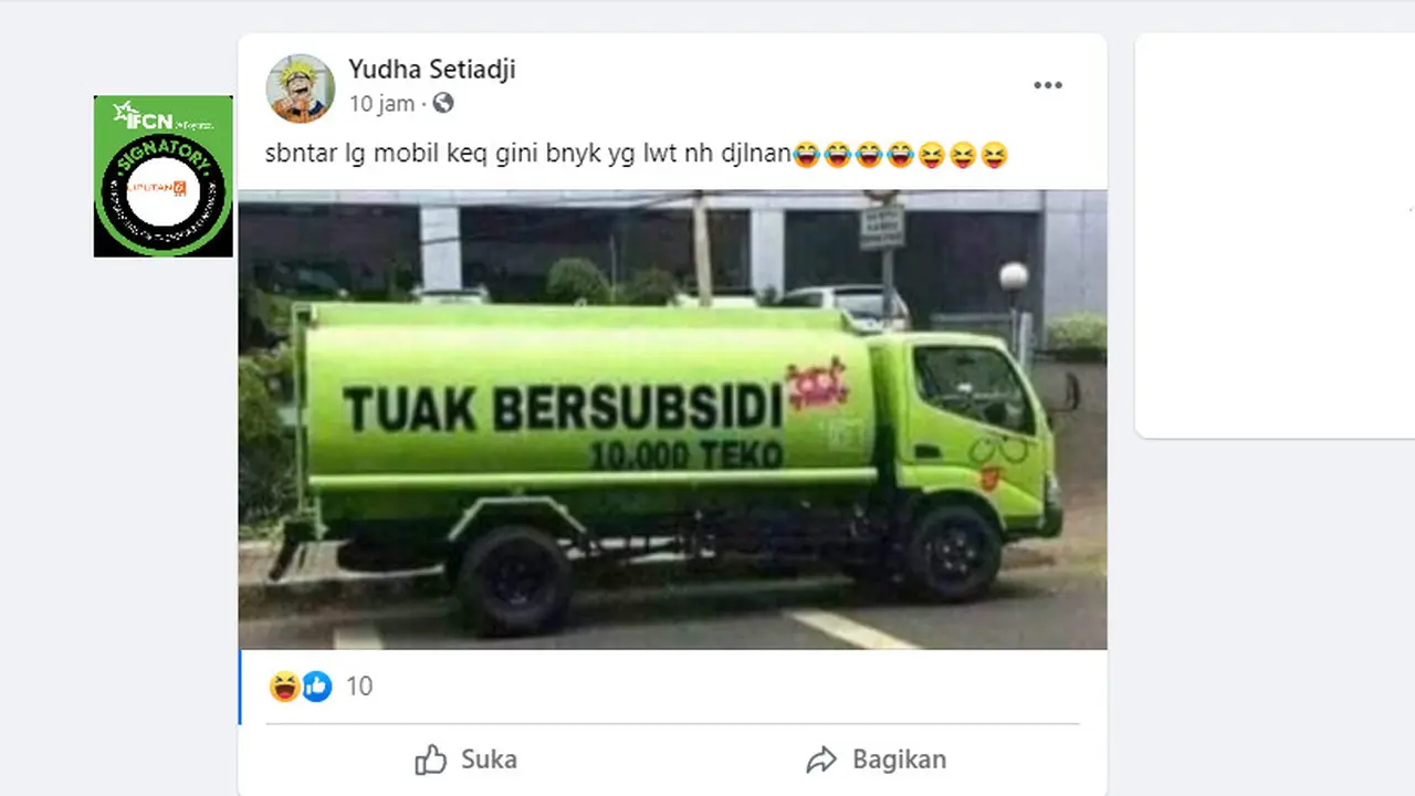 Cek Fakta Liputan6.com menelusuri foto mobil tangki tuak bersubsidi
