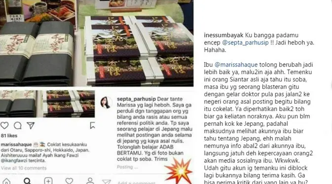 Marissa Haque sempat salah sebut soba sebagai coklat. (instagram.com/inessumbayak)