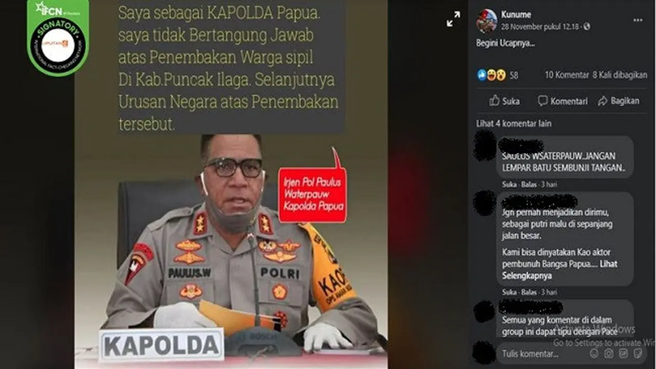 Gambar Tangkapan Layar Klaim soal Pernyataan Kapolda Papua Irjen Paulus Waterpauw (sumber: Facebook)
