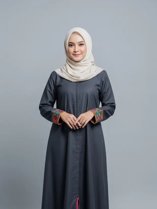 Gamis Syar'i Abu-abu Gelap dengan Aksen Cerah