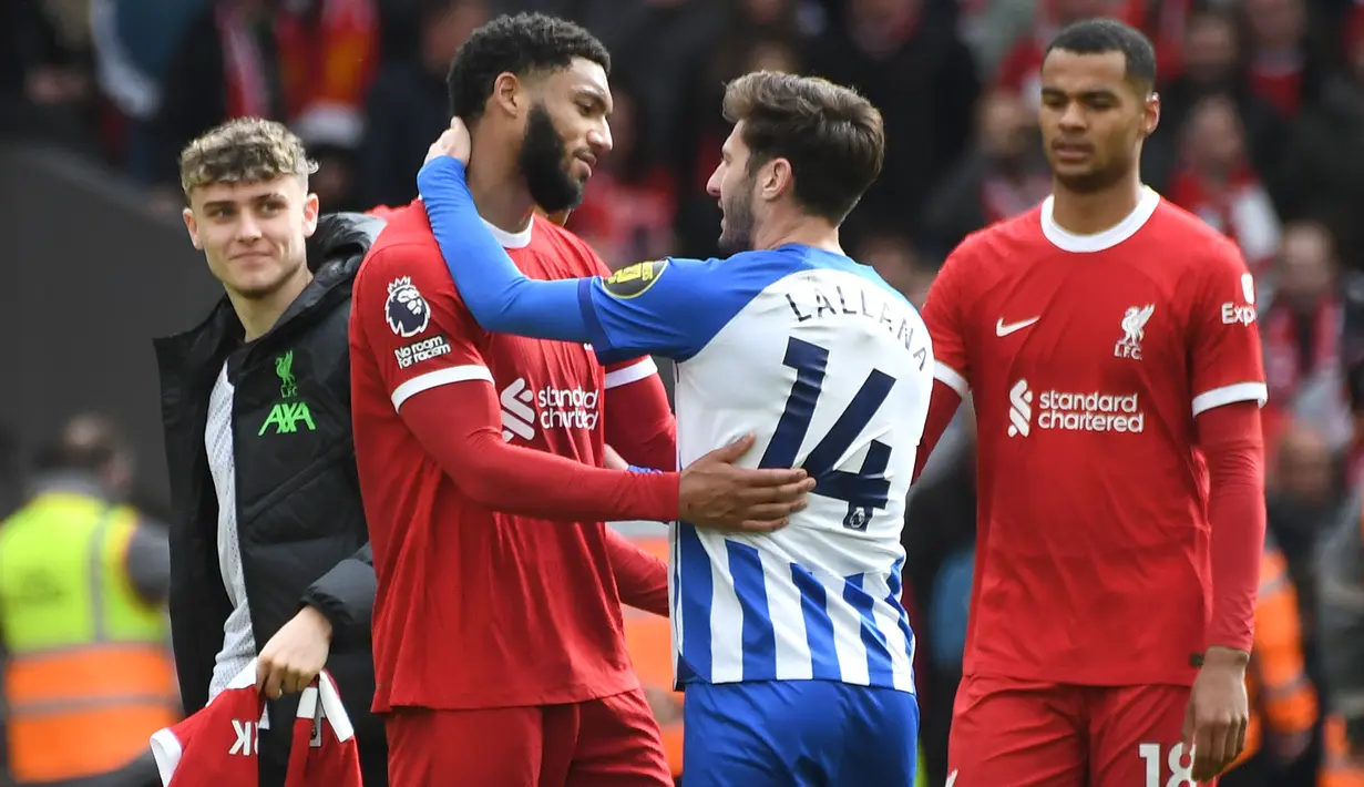 Kemenangan ini menempatkan Liverpool di puncak klasemen sementara Liga Inggris dengan 67 poin dari 29 pertandingan. Sementara, Brighton di posisi sembilan. (AP Photo/Rui Vieira)