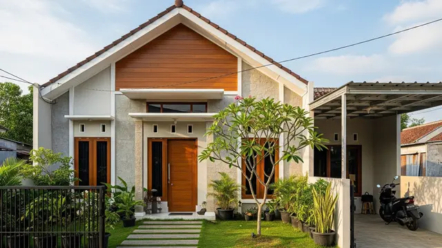 Contoh Desain Rumah 6x9 dengan Garasi Motor dan Taman Depan