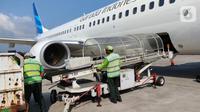 Petugas kargo memasukkan kontainer berisi empat orangutan Sumatera diselamatkan dari pemeliharaan illegal dan Kalimantan berkelamin betina bernama Ucokwati dan Mungil ke dalam bagasi pesawat Garuda Indonesia Airbus A330-300 (GA215) di Bandara Yogyakarta (12/04/2021). (Liputan6.com/Pool/GIA)