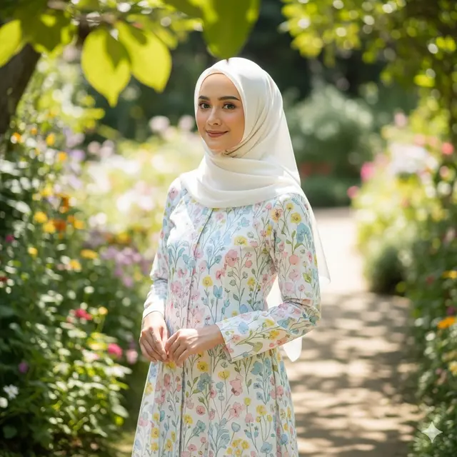 Inspirasi Model Gamis Syari Motif Bunga Cantik untuk Tampil Feminim (Image by Gemini AI)