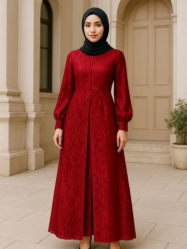 Model Gamis Brokat Belah Tengah