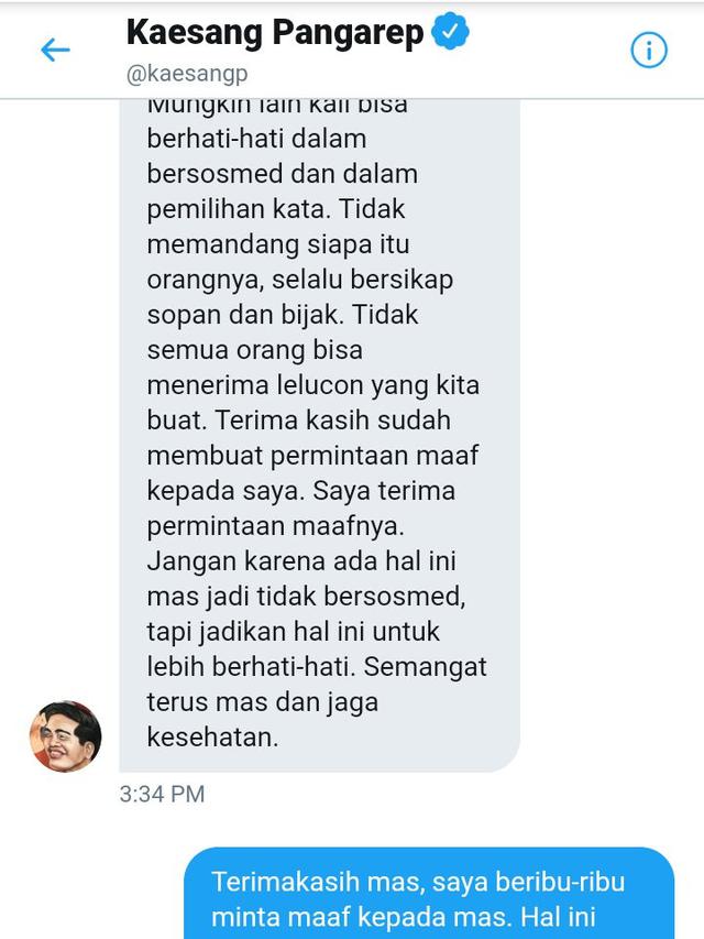 Jawaban Kaesang Pangarep untuk warganet yang menyebutnya terlibat kasus penipuan online. (Foto: Dok. Twitter)