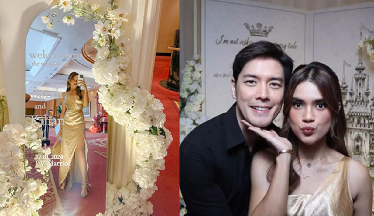 Hadiri pesta pernikahan Sarah Keihl, penampilan Audi Marissa menawan dibalut gaun slit gold dengan model one shoulder. Gaun bernuansa emas itu semakin elegan ketika dipadukan dengan heels dan menenteng handbag putih. Dalam momen bahagia sang sahabat, Audi datang bersama sang suami, Anthony Xie. (Liputan6.com/IG/@audimarissa)