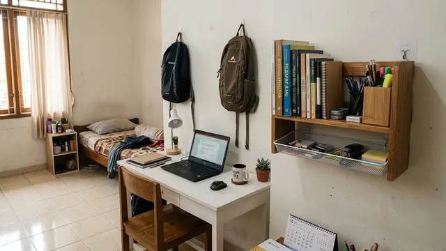 Ide rak gantung tanpa bor di kamar yang hemat ruang dan kokoh model rak tempel samping meja
