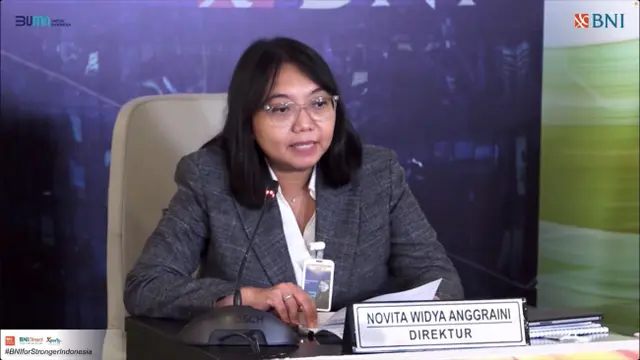 Direktur Finance BNI Novita Widya Anggraini saat paparan publik kinerja keuangan 2022 PT Bank Negara Indonesia Tbk (BBNI), Selasa (24/1/2023)