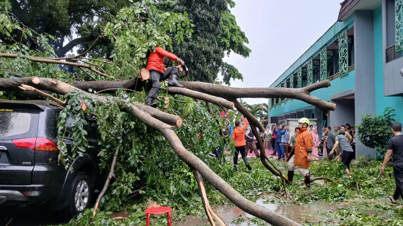 Hujan deras dan angin kencang memicu pohon tumbang dan atap rumah terbang di Kota Bogor, Selasa (21/1/2025).