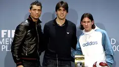 Portugal's Cristiano Ronaldo, Brazil's Kaka and Argentina's Lionel Messi pose during a press conference prior to the FIFA World Player Gala 2007 award ceremony 17 December 2007 in Zurich. AFP PHOTO / FABRICE COFFRINI