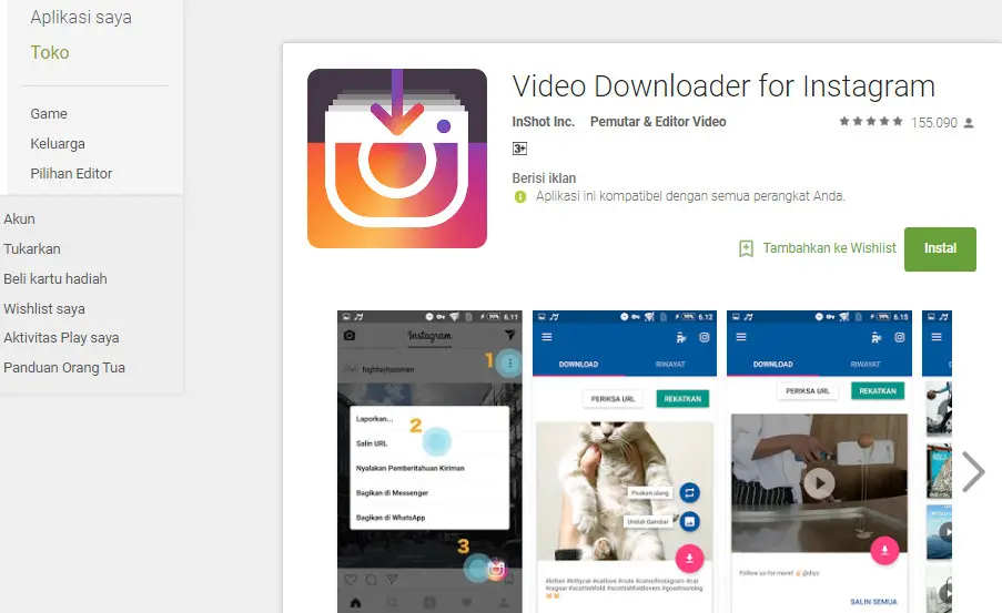 Aplikasi Insta Downloader for Instagram untuk unduh video di Instagram (Sumber: Google PlayStore)
