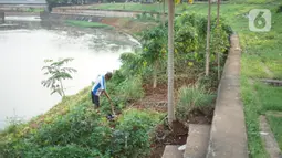 Ismail (67) bercocok tanam di sekitar bantaran Kanal Banjir Timur (KBT), Jakarta, Rabu (10/6/2020). Masa PSBB dimanfaatkan Ismail untuk bercocok tanam dengan menanam berbagai jenis rempah dan umbi-umbian yang hasilnya digunakan untuk konsumsi pribadi. (Liputan6.com/Immanuel Antonius)