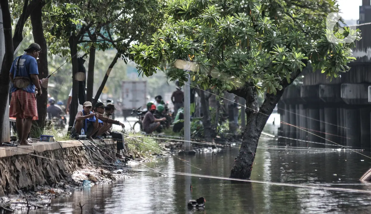 Warga saat memancing di Kali Ancol, Jakarta Utara, Kamis (11/3/2021). Ikan yang biasa didapat warga antara lain bawal dan mujair. (merdeka.com/Iqbal S. Nugroho)