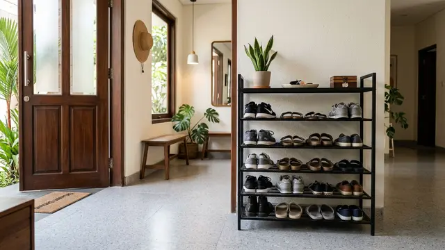Model Rak Sepatu Berventilasi di Area Pintu Masuk Rumah (AI Generated)