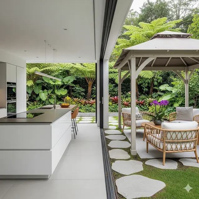 Inspirasi Desain Dapur Terbuka Menyatu dengan Taman Belakang. Gemini