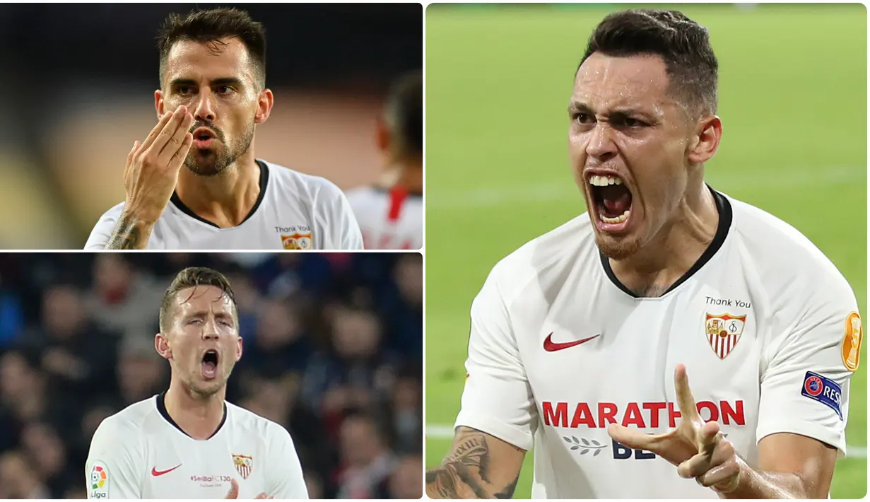 Sevilla akan menghadapi Inter Milan pada laga final Liga Europa 2019/2020 ini. Berjumpa dengan Inter Milan, Sevila memiliki sejumlah pemain yang mampu menghacurkan mimpi wakil Italia itu untuk meraih trofi juara Liga Europa musim ini. (kolase foto AFP)