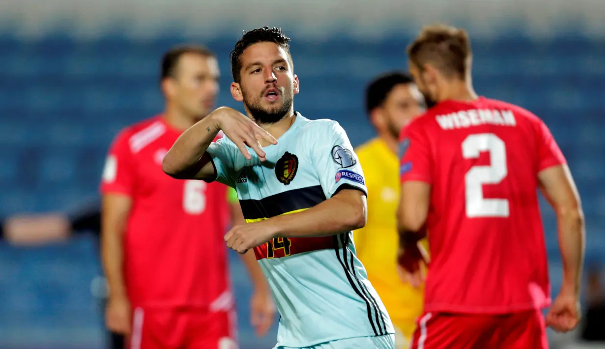 Ekspresi pemain Belgia, Dries Mertens, setelah mencetak gol ke gawang Gibraltar dalam laga lanjutan Grup C Kualifikasi Piala Dunia 2018 zona Eropa di Faro Municipal Stadium, Faro, Gibraltar, Selasa (11/10/2016). (AFP/Jose Manuel Ribeiro)