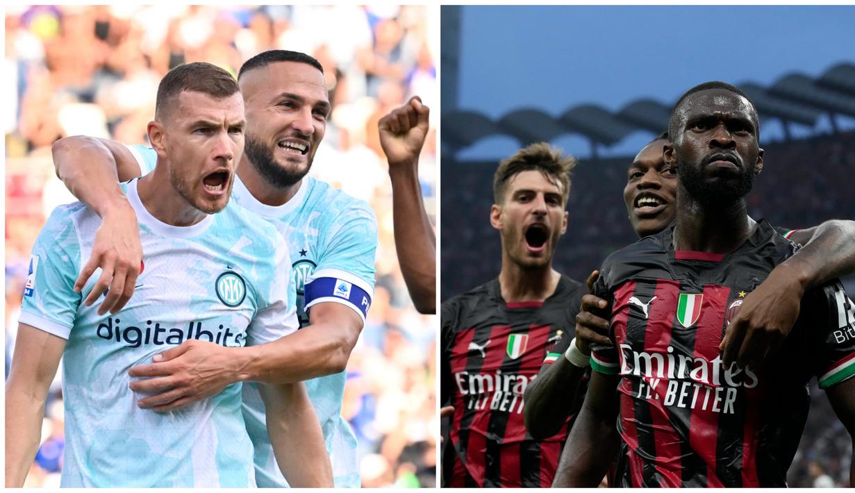 Dua rival ibu kota, Inter Milan dan AC Milan memainkan laga pekan ke-9 Serie A Liga Italia 2022/2023. Inter Milan berhasil menang dengan skor 2-1 atas Sassuolo. Sedangkan AC Milan juga berhasil mengamankan kemenangan atas Juventus 2-0. (AP/LaPresse/Massimo Paolone, AP Photo/Antonio Calanni)