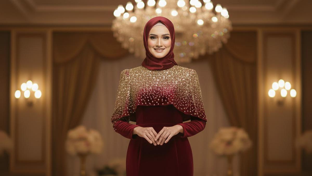 9 Model Gamis Beludru Payet Simple Merah Maroon, Rahasia Tampil Berkelas