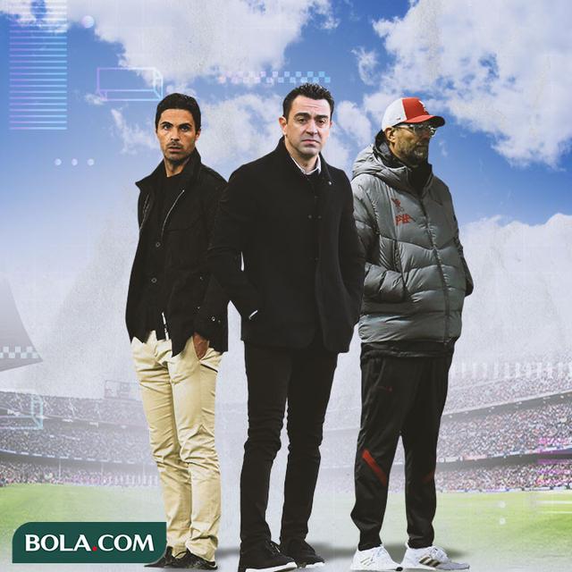 Ilustrasi - Mikel Arteta, Xavi, Jurgen Klopp