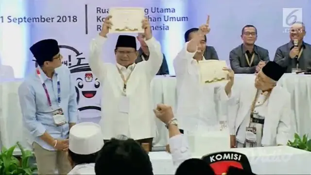 Pasangan capres-cawapres Joko Widodo-Ma'ruf Amin mendapatkan nomor urut 1 untuk Pilpres 2019. Sedangkan pasangan Prabowo Subianto-Sandiaga Uno mendapat nomor urut 2.