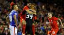 Pemain Liverpool merayakan kemenangan atas Carlisle United dalam putaran ketiga Piala Liga Inggris di Stadion Anfield, Inggris, Rabu (23/9/2015). (Action Images via Reuters/Craig Brough)