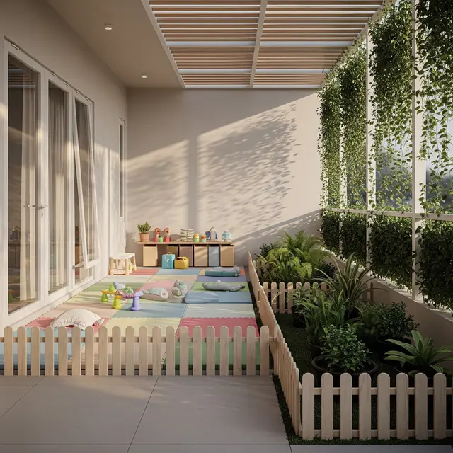 Desain Teras Ramah Balita dengan Kebun Mini Model Teras dengan Area Bermain Beralas Matras